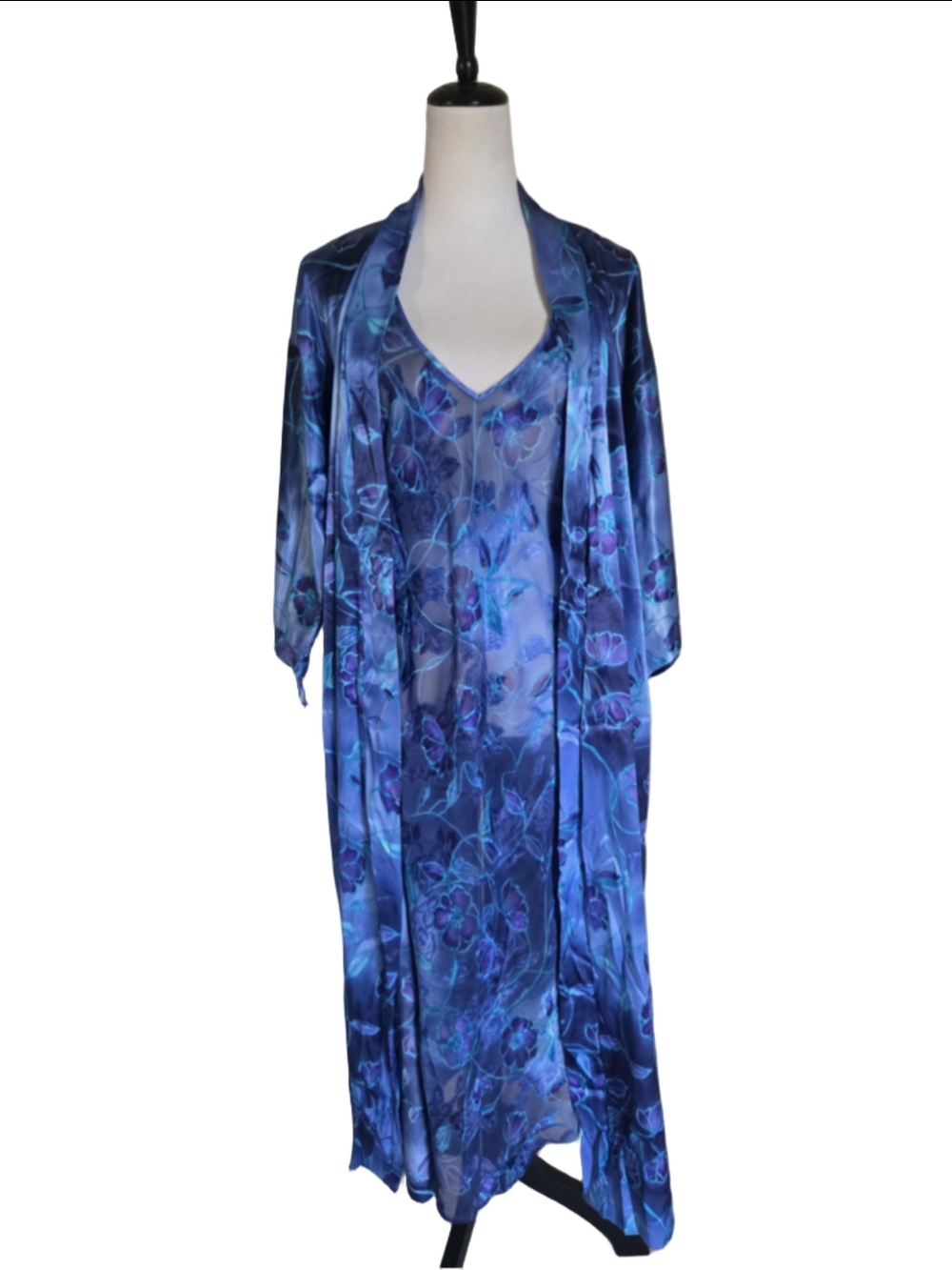 Vintage California Dynasty Floral Satin Robe & Slip Dress Gown 2 Piece Set. Lrg